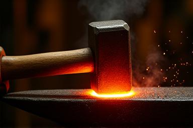 Primer plano de un martillo golpeando una pieza de metal al rojo vivo sobre un yunque.
