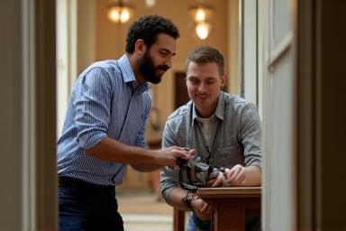 Una pieza de metalistería recién instalada siendo admirada por el cliente.