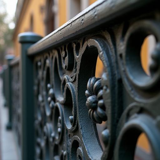 Detalle de una barandilla de hierro forjado con un complejo diseño floral.