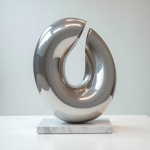 Escultura abstracta de metal pulido sobre una base de mármol.