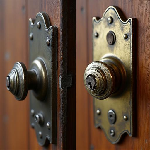 Comparativa de antes y después de una cerradura de puerta antigua restaurada.