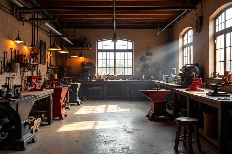 Vista amplia y luminosa del taller de forja de Salto Ígneo, mostrando herramientas y proyectos en curso.